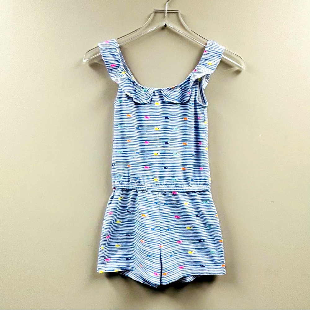 Vineyard Vines Girls Sleeveless Blue Stripe Romper – Multi‑Color Logo Size Small